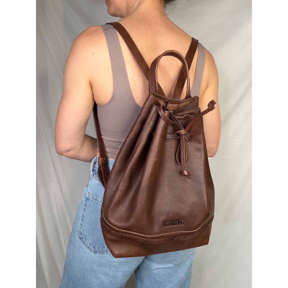 Pikolinos Brown Leather Drawstring Backpack Shoulder Bag Made in Spain Braided - Picture 14 of 14